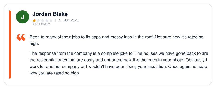 Google 1-star review by competitor Jordan Blake admitting conflict of interest